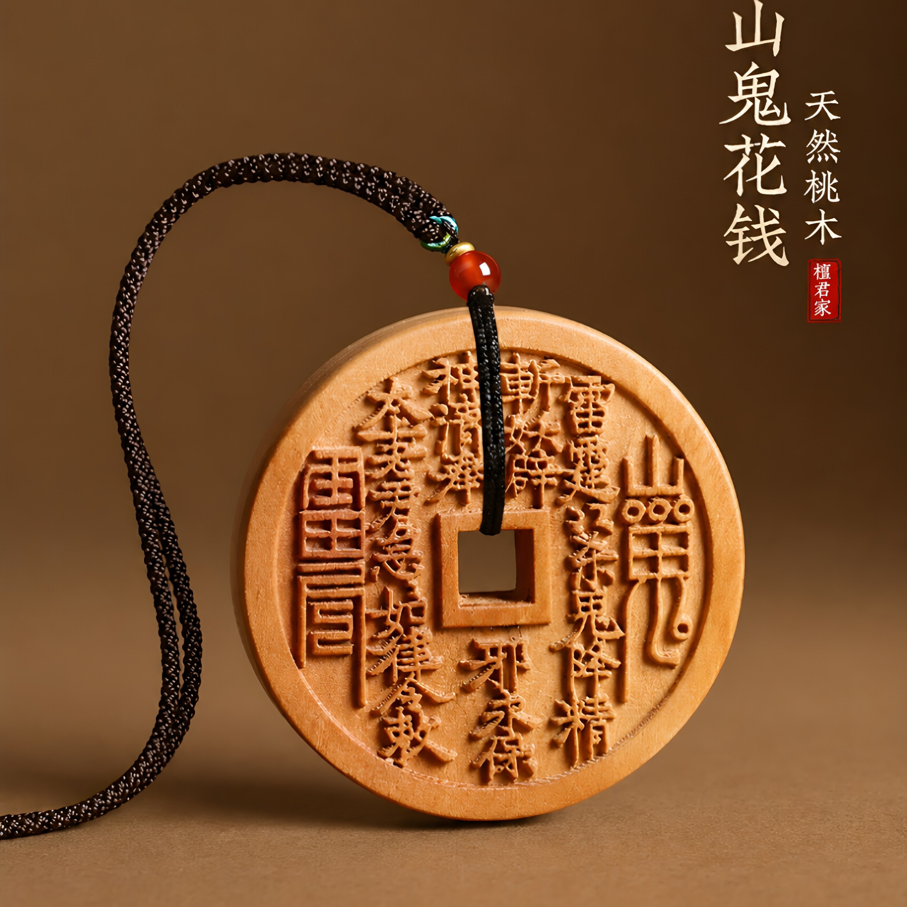 桃木山鬼花钱八卦护身符钥匙扣