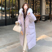 毛领防寒中长款 特大码 胖mm紫色牛角扣棉服棉衣女冬季 保暖过膝外套