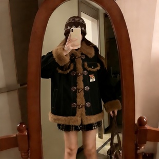 300斤胖mm大码 慵懒风毛绒领棉服女宽松加厚保暖牛角扣牛仔外套潮