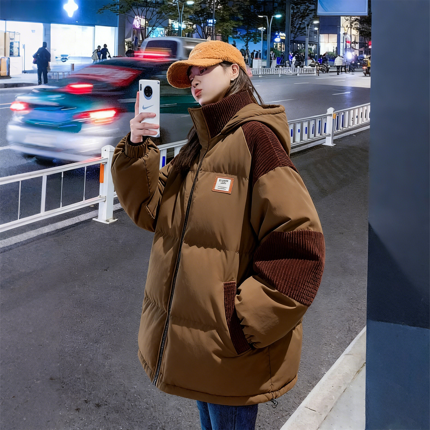 胖mm大码女装工装拼接风连帽棉服