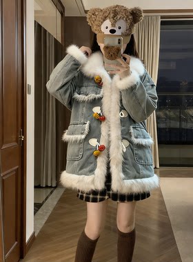 300斤大码女装胖mm复古拼接风牛仔羊羔毛外套加厚高级感毛领棉服