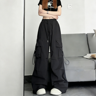 女高腰显瘦宽松休闲长裤 300斤大码 风多口袋阔腿裤 胖mm工装 潮 女装