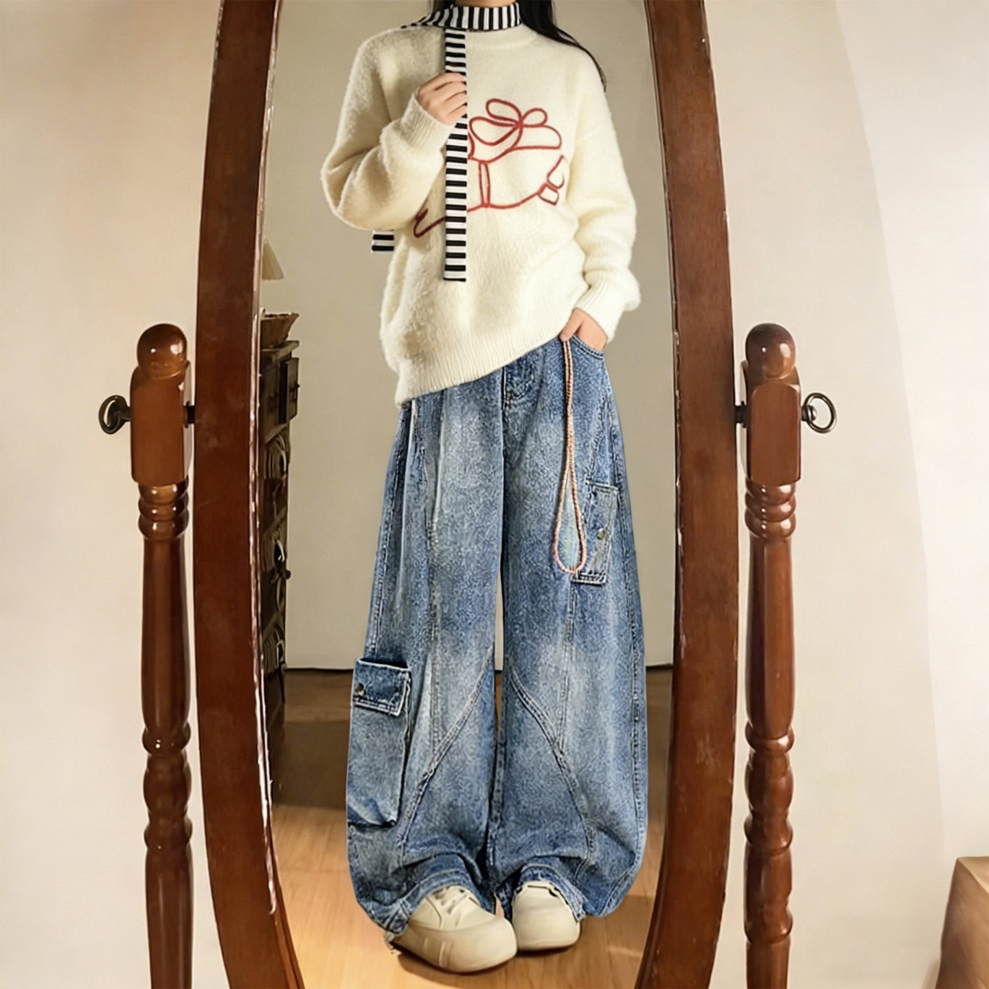 特大码女装胖mm美式复古百搭工装牛仔裤女宽松显瘦高腰阔腿弯刀裤,女装/女士精品,大码裤装,淘宝优惠券,粉丝福利购,淘宝优惠卷