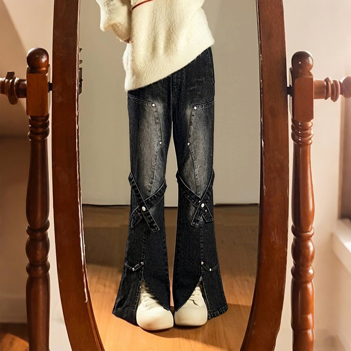 300斤大码女装胖mm美式复古设计感牛仔裤女高腰显瘦开叉微喇裤潮,女装/女士精品,大码裤装,淘宝优惠券,粉丝福利购,淘宝优惠卷