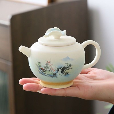 羊脂玉瓷渐变山水l画功夫茶具套装高级客厅泡茶壶茶杯整套送礼套