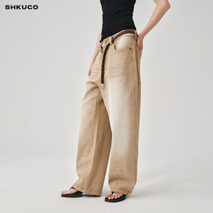 洗水廓形加绒牛仔裤 玳瑁黄沙色抓毛直腿 NO.05 SHKUCO