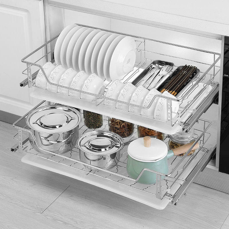 极速单层拉篮304不锈钢橱柜碗盘收纳架抽屉式厨S房碗碟篮缓冲阻尼,家装主材,拉篮,淘宝优惠券,粉丝福利购,淘宝优惠卷
