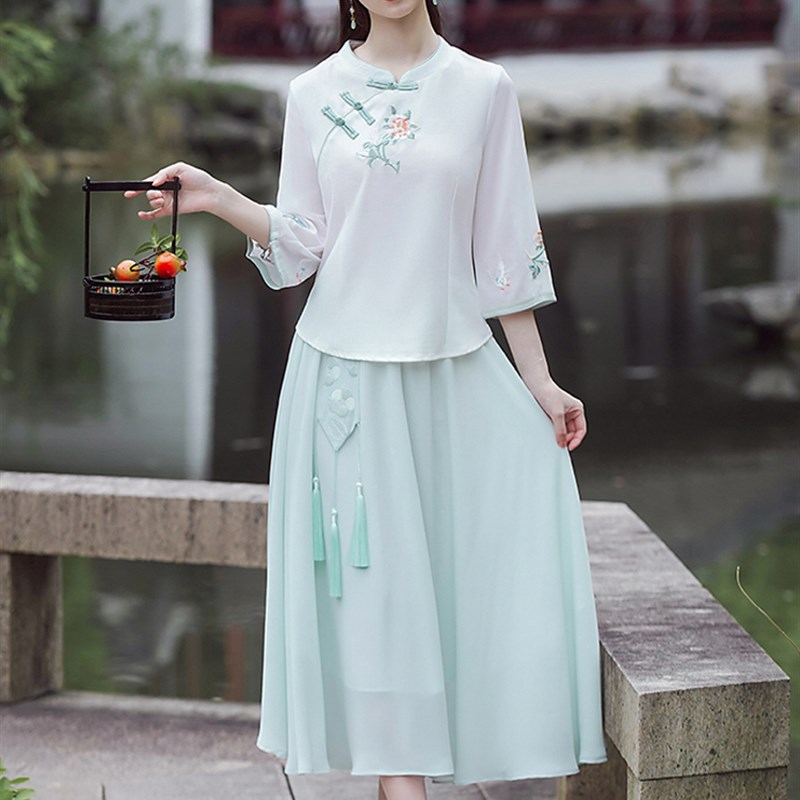 民国女装复古盘扣上衣学生改良汉服夏季茶M服中国风唐装旗袍两件