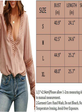 极速Elegant Long Sleeve Blouse Solid Color DeepS V-Neck Blou