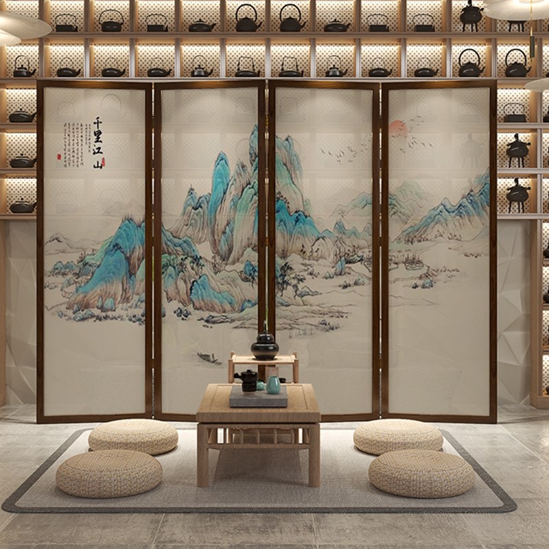 新中式实木屏风隔断客厅可折叠移动办公室酒店简约现代沙发背景墙
