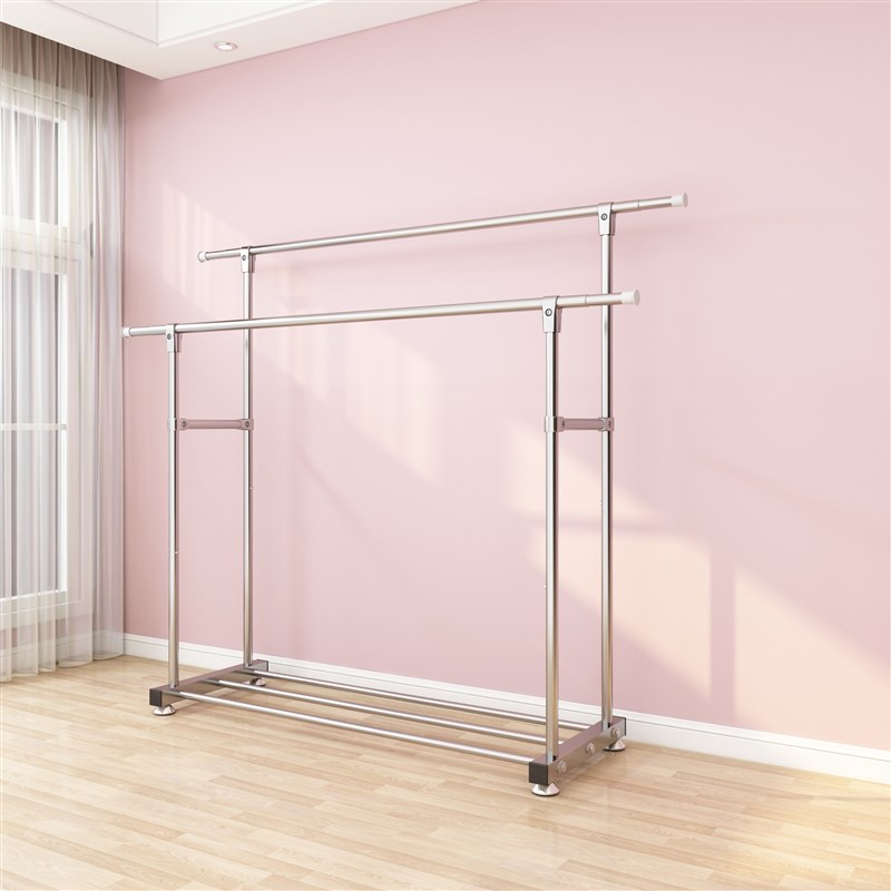 晾衣架落地双杆式不锈钢家用移动折叠衣架室内落地衣架晾挂衣架