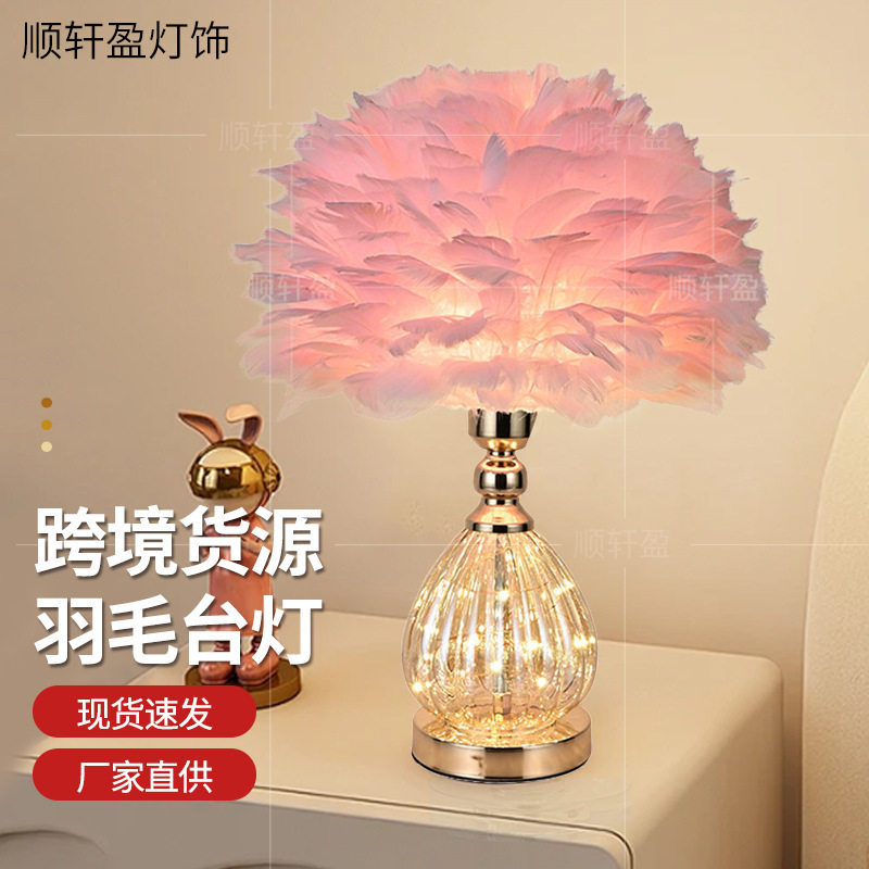 跨境卧室台灯床头高级感LED客厅装饰氛围灯网红粉色羽毛床头灯