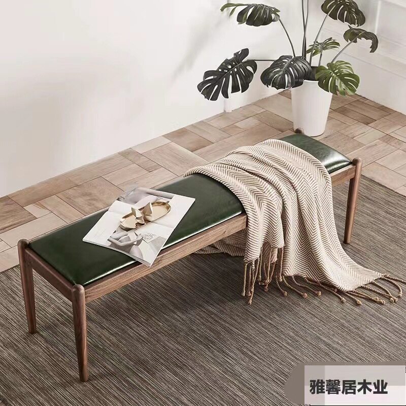 北欧全实木床尾凳简约黑胡桃木长条皮革凳日式餐厅长凳玄关换鞋凳