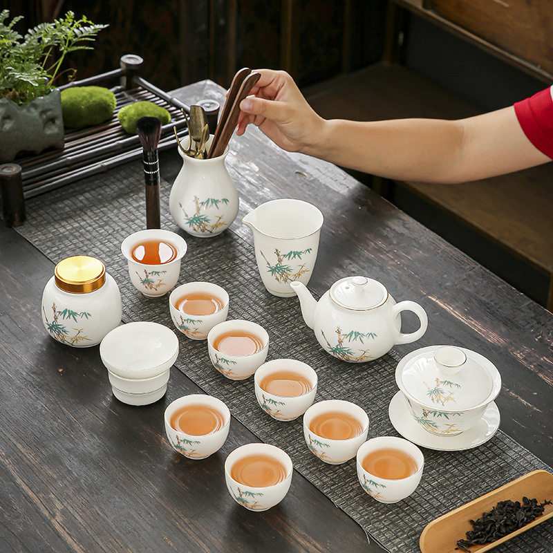 晟翔陶瓷家用茶具茶杯复古茶具套装绿竹14头配五君子简约盖碗