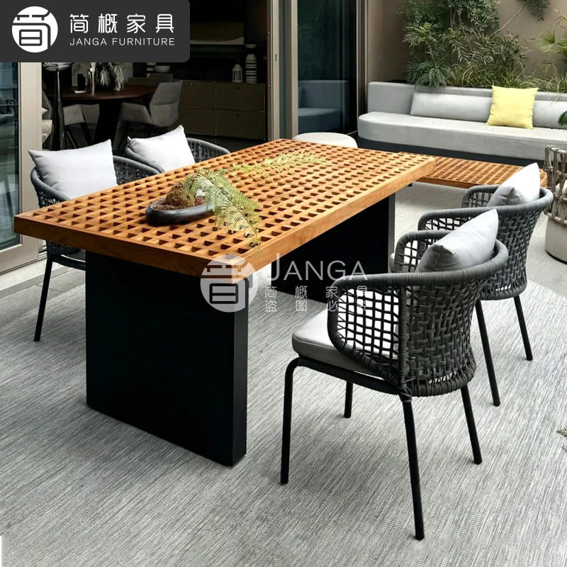 户外别墅露台庭院桌椅高端实木花园餐厅套装实木防水防晒藤椅家具