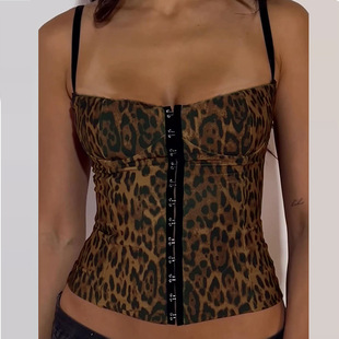 女士修身豹纹无袖露背吊带背心 Tailored leopard print tank top