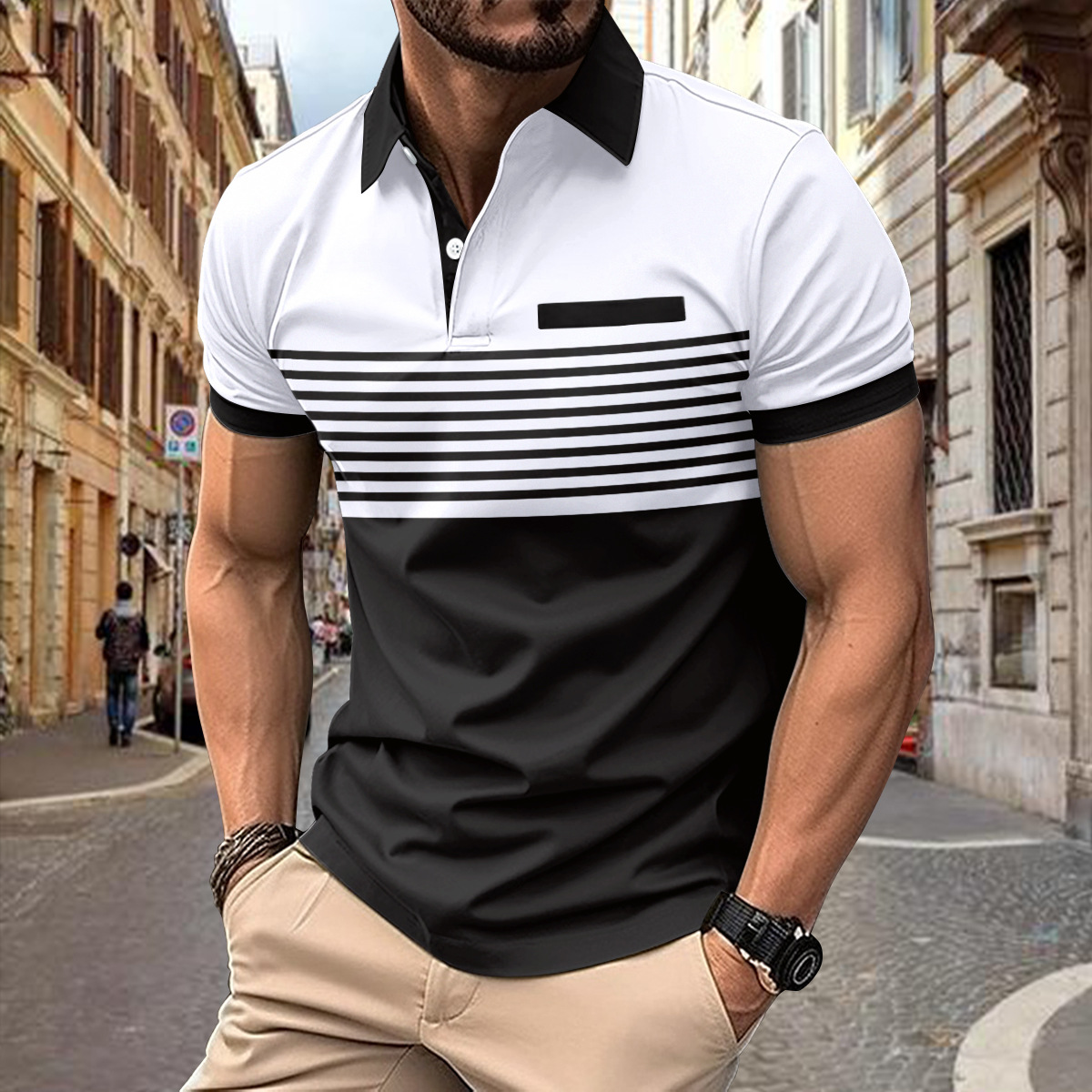 Leisure stripes in color Polo shirts  休闲条纹拼色Polo衫短袖 男装 衬衫 原图主图