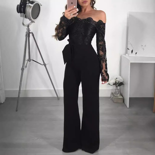 One neck casual wide leg jumpsuit for women 一字领阔腿连体裤