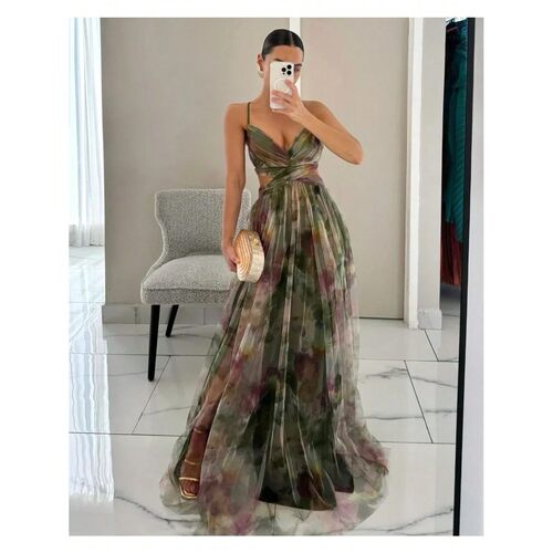 印花V领收腰长款连衣裙