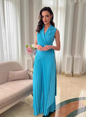 Solid color lapel wide leg women's jumpsui t翻领阔腿连体裤女