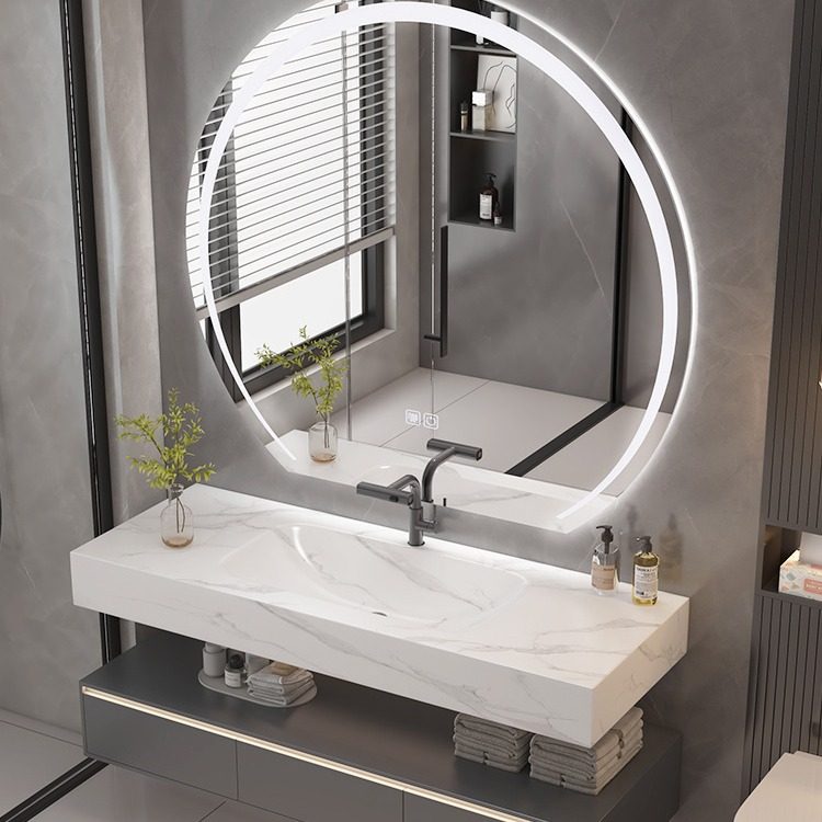 爆款卫生间轻奢风浴室柜组合岩板陶瓷热弯一体洗手脸台盆厕所洗漱