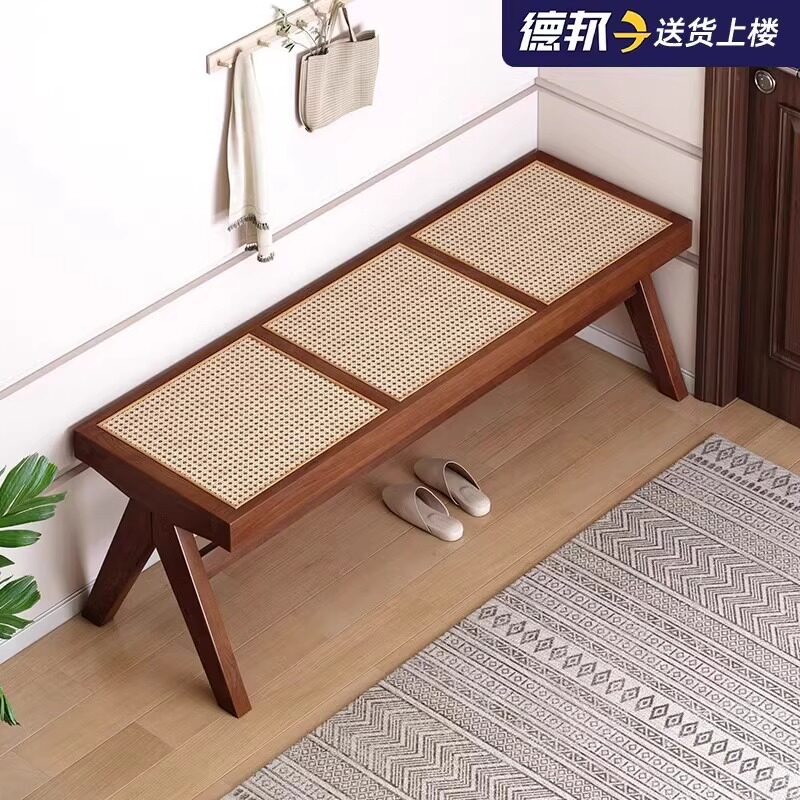 实木芯藤编换鞋凳门口家用加宽长条凳子简易进门一体换鞋凳沙发凳