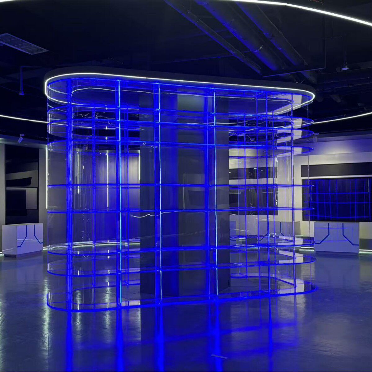 亚克力展示柜发光弧形蓝色透明有机玻璃展览厅多宝阁