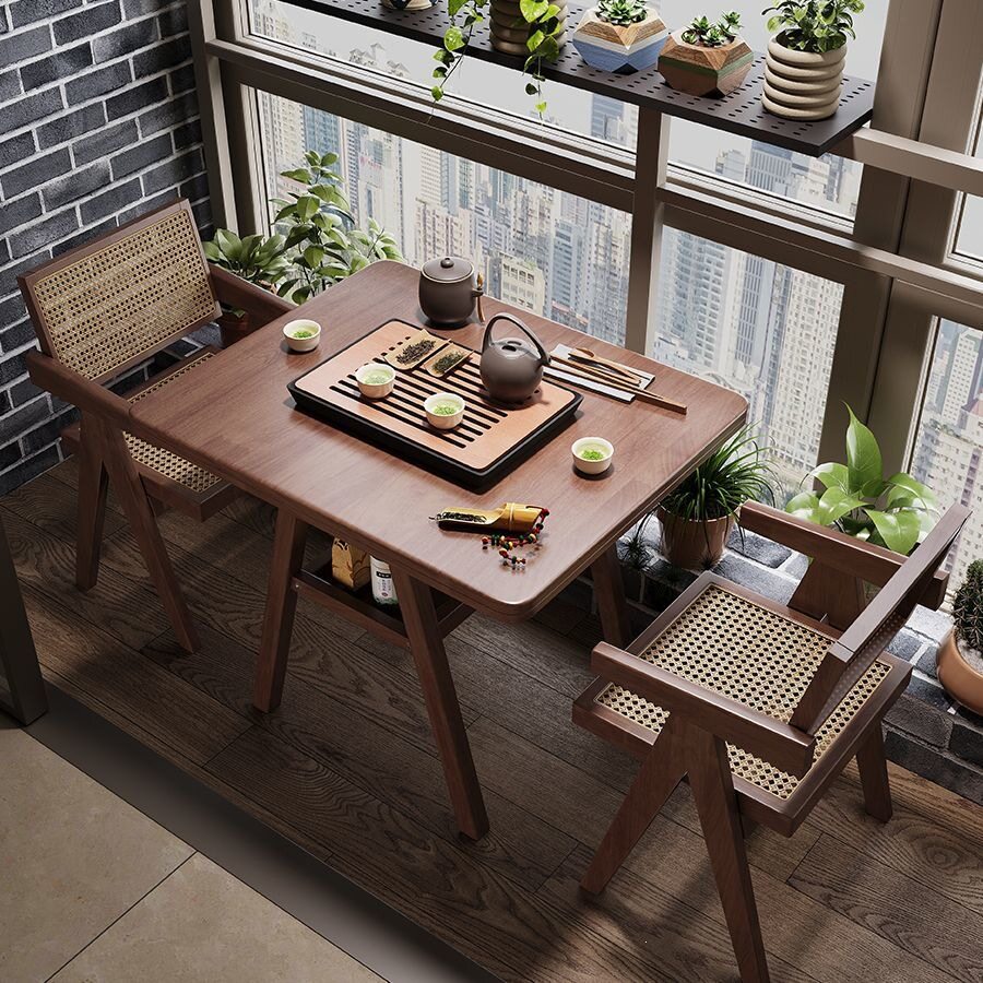 实木桌椅三件套组合中古风小户型家用茶几双层方餐桌阳台休闲茶桌
