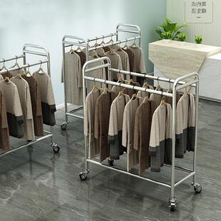 服装店展示架不锈钢双排中岛架落地双杠挂衣架带轮可移动陈列货架