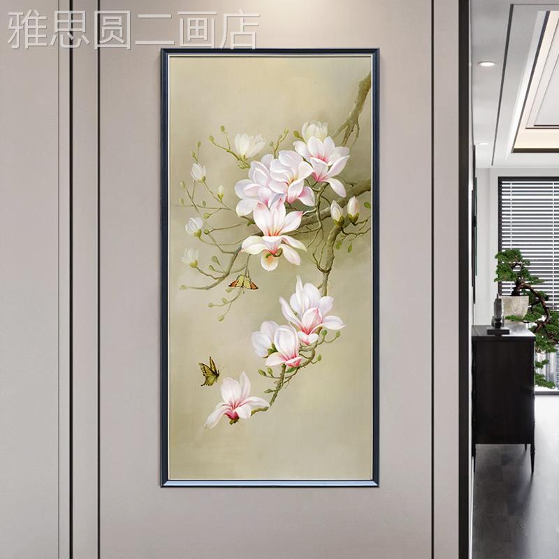 网红新中式玄关装饰画蝴蝶花卉手绘油画轻奢书走廊过道画挂房壁画图片