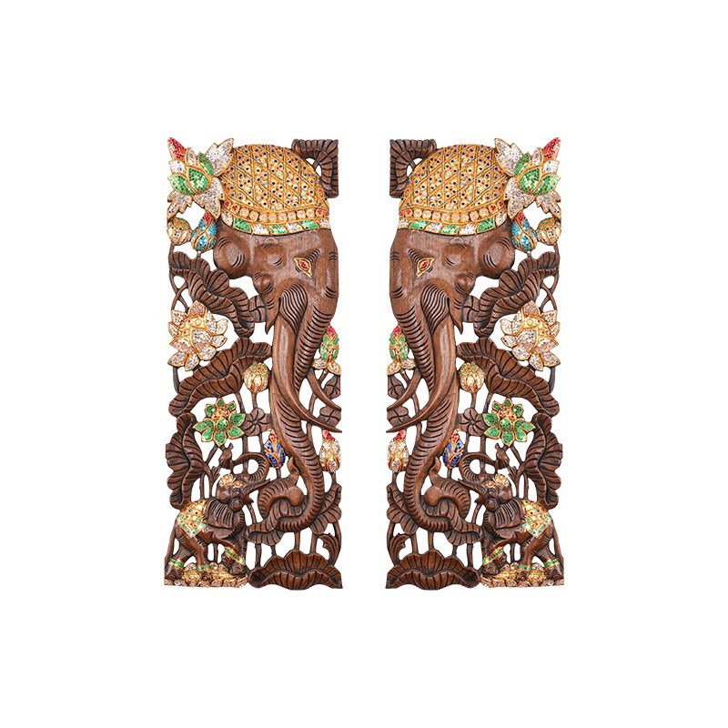 泰国木雕壁挂客厅玄关泰式会所装饰挂件荷花大象V实木雕花板墙饰