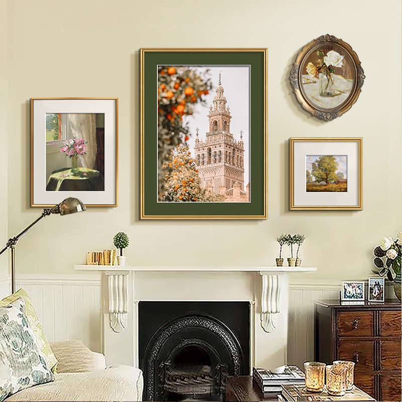 客厅挂画法式轻奢绿色系沙发x背景墙装饰画美式小众卡纸画复古壁