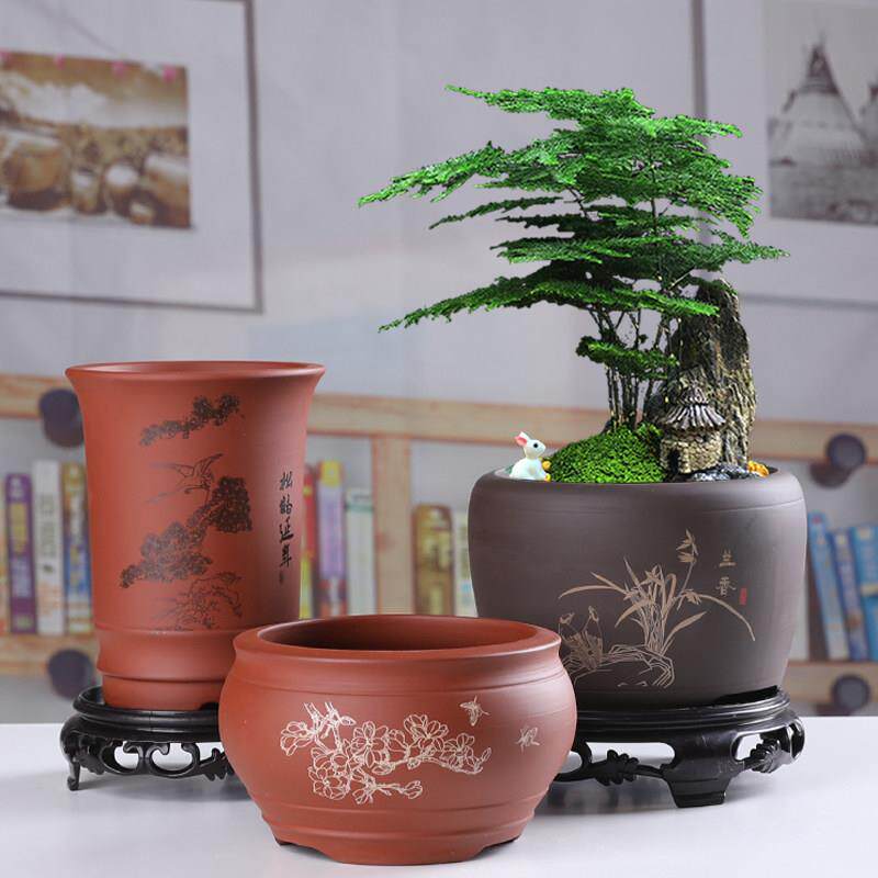 紫砂陶瓷花盆小口径多肉兰花文竹家用桌面古典创意透气菖蒲老桩盆