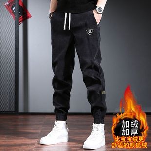 子运动裤 加绒加厚裤 男卫裤 宽松拼接休闲裤 秋冬季 束脚裤 灯芯绒男士