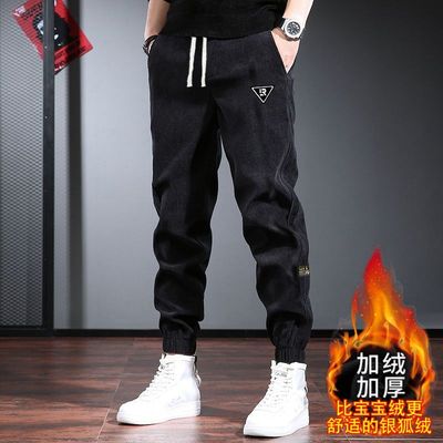 秋冬季灯芯绒男士加绒加厚裤子运动裤男卫裤宽松拼接休闲裤束脚裤