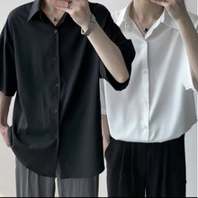 夏季薄款冰丝短袖衬衫男简约黑灰色纯色大码休闲短袖痞帅白色衬衣