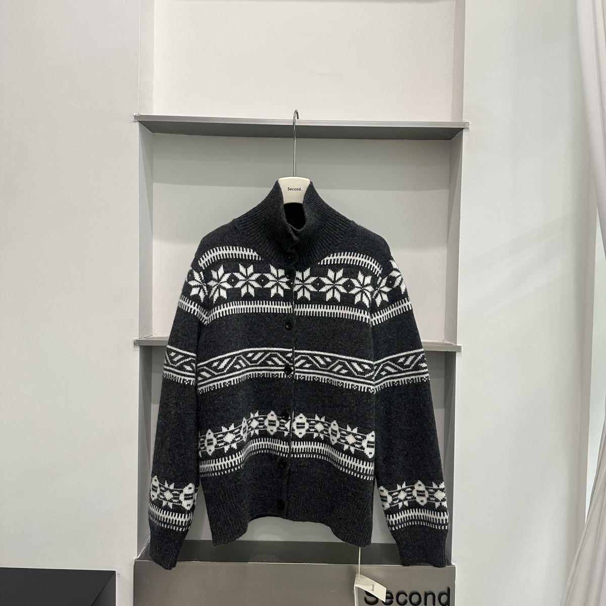 second-冬上新复古立体费尔岛钩花立领针织开衫2129