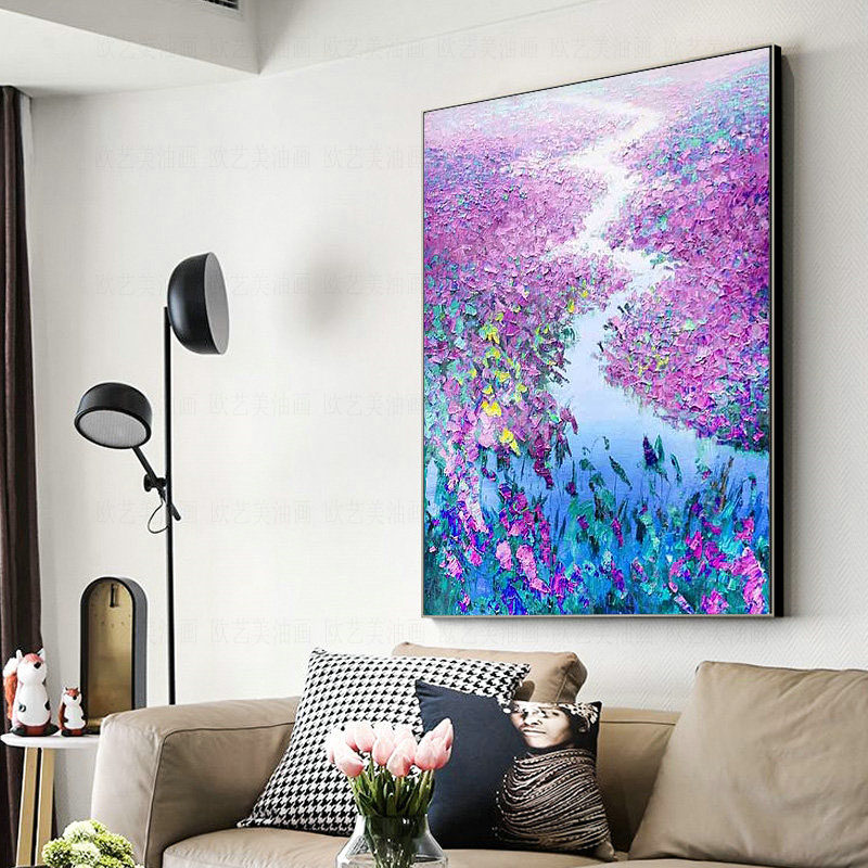大幅手绘油画蓝色花海现代玄关走廊过道装饰画客厅饭厅.背景墙壁