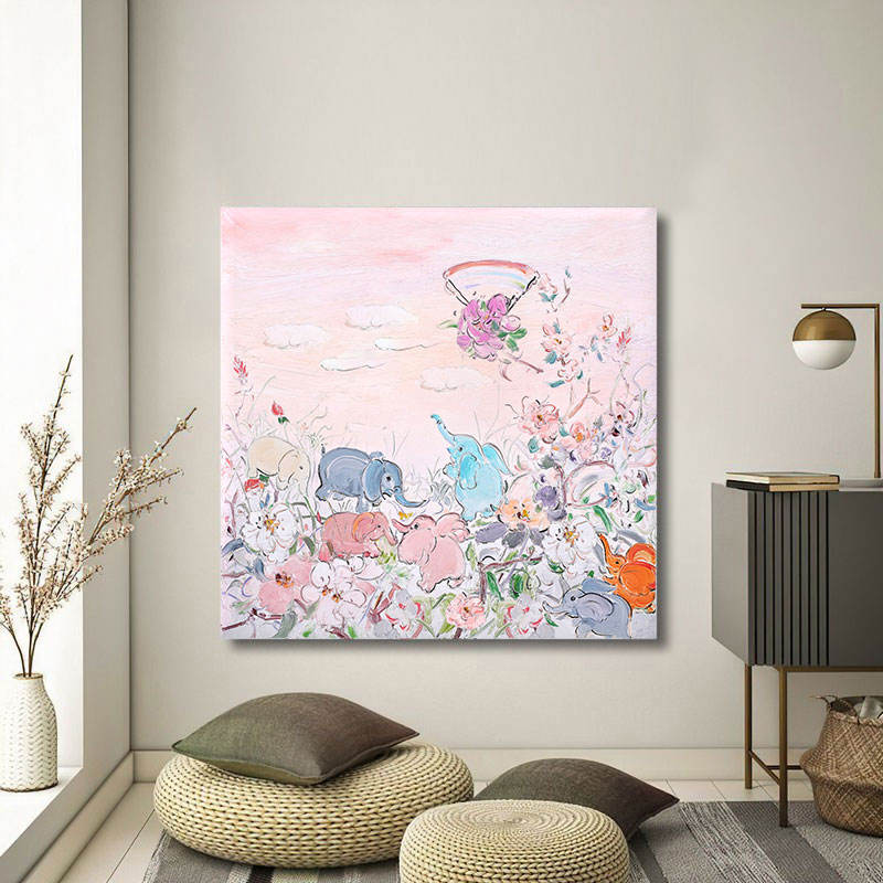 爆款儿童房手绘壁画玄关肌理装饰画大K芬村系油画客厅吉祥大象图片