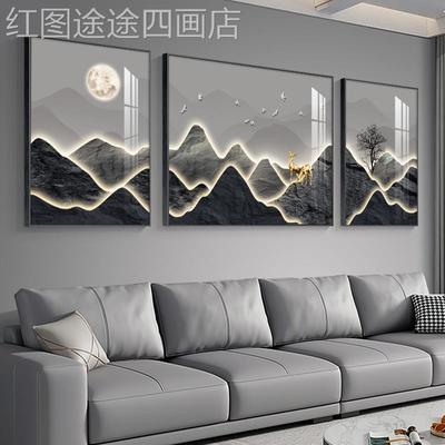 网红轻奢沙背发景墙挂画山壁联画山水画现代简约客厅墙装饰三画壁
