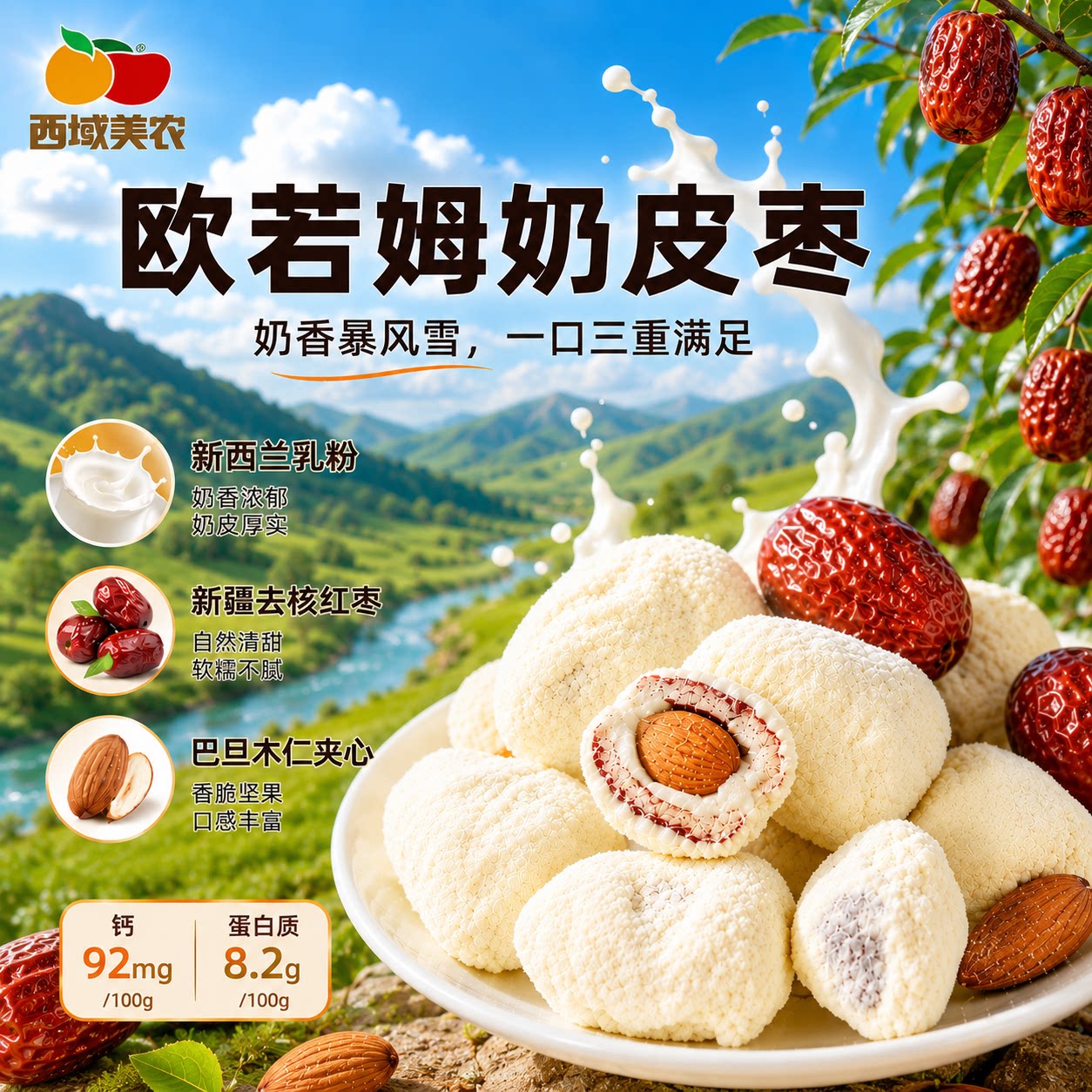 西域美农欧若姆奶皮枣130g新疆红枣巴旦木夹心新西兰乳粉奶制零食