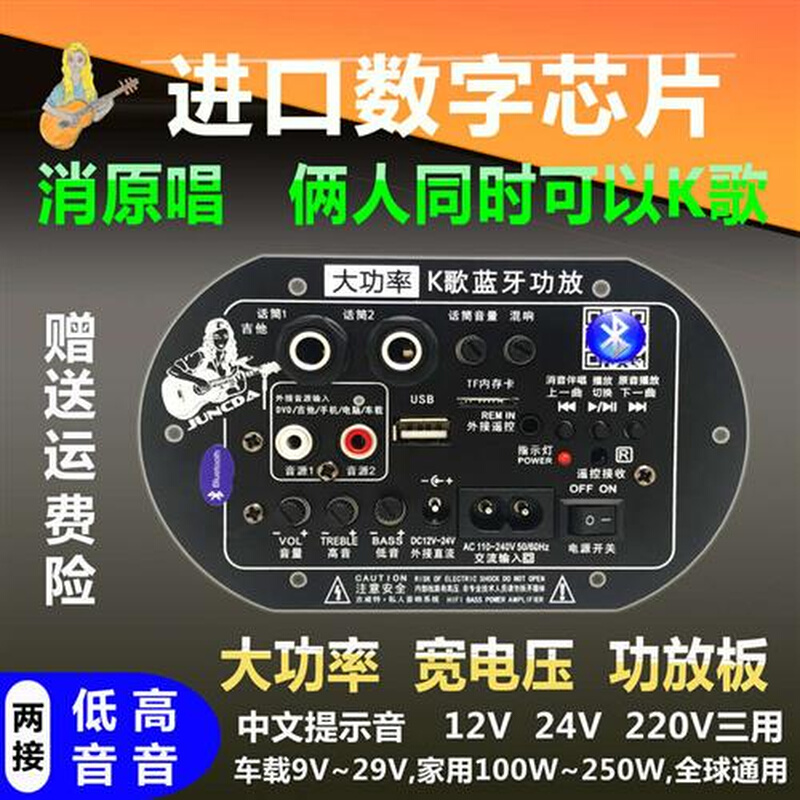 一键消原唱双话筒k歌大功率蓝牙功放板12V24V220V低音炮功放板