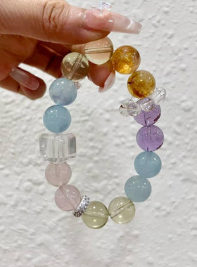 天然水晶手串柠檬晶海蓝宝紫水晶能量搭配多宝手链送人女生礼物