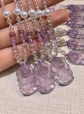 紫水晶将军狐牌九尾狐吊坠精工雕刻毛衣链项链配件许愿狐吊牌