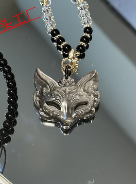 天然银曜石狐狸面具暗夜精灵既视感男女款情侣吊坠项链搭配万能