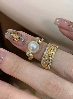 中古风排钻麦穗转运珠戒指女轻奢高级感个性时尚潮流百搭指环