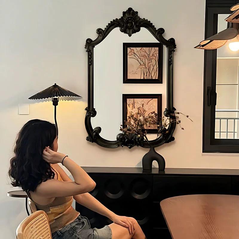 法式中古化妆镜壁炉装饰镜欧式贴墙壁挂镜子复古雕花梳妆镜浴室镜