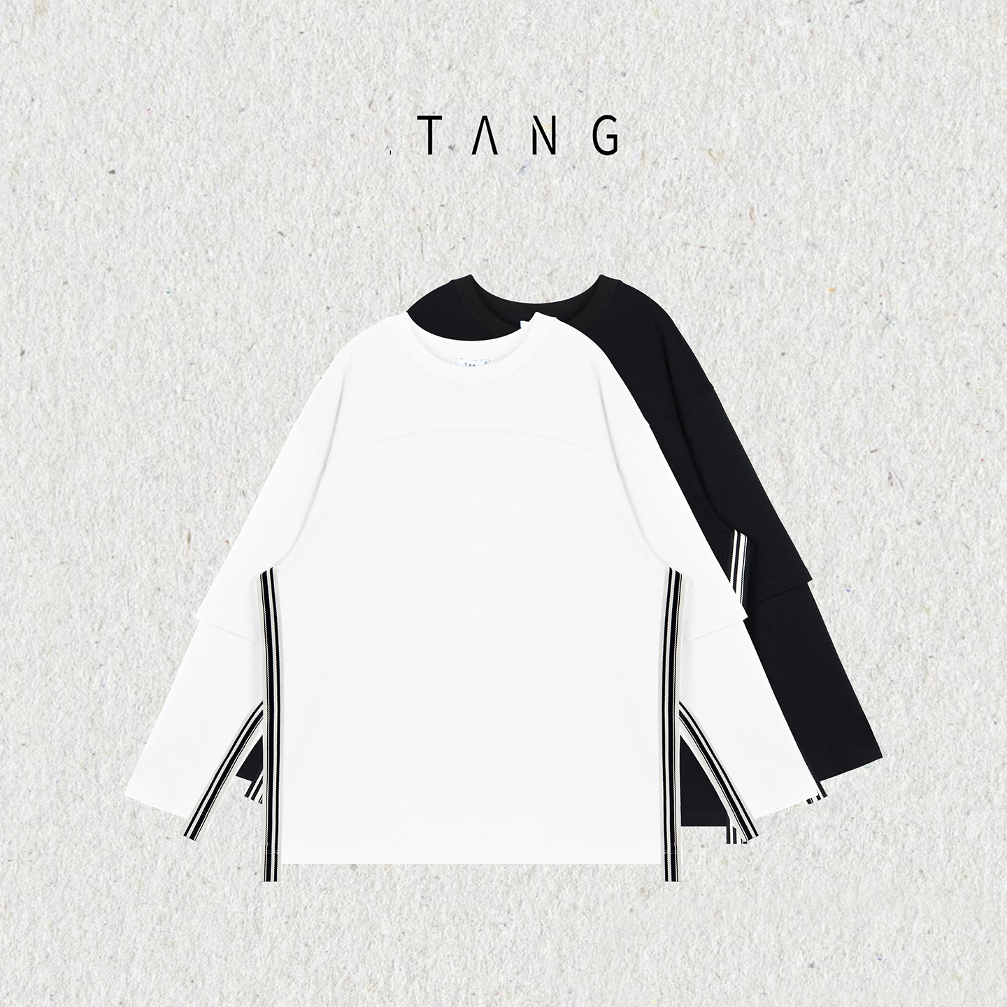 纯棉叠袖织带长袖T恤上衣