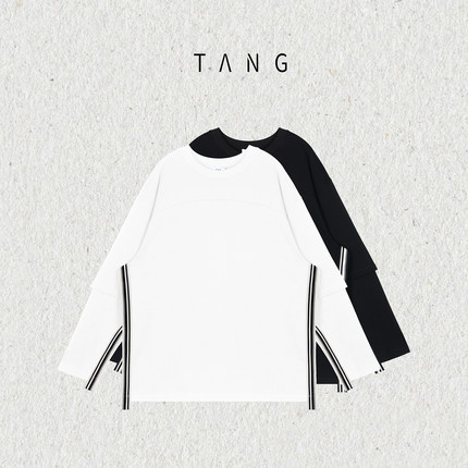 阿汤哥TANG[双素]纯棉叠袖织带长袖T恤2025秋冬新款男休闲上衣