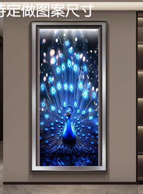 网红开屏轻奢金孔雀玄关装饰画竖版氛围灯画入户走廊招财晶瓷挂画